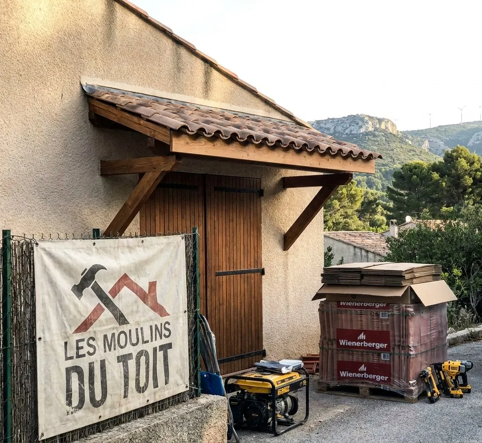 Bâche Les Moulins du Toit accrochée au grillage d'un chantier de couverture à Allauch, palette de tuiles et outillage, collines en arrière-plan