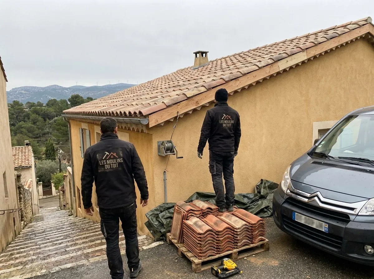 Deux couvreurs des Moulins du Toit devant une toiture en tuiles canal à Allauch, palette de tuiles neuves, collines du Garlaban au fond
