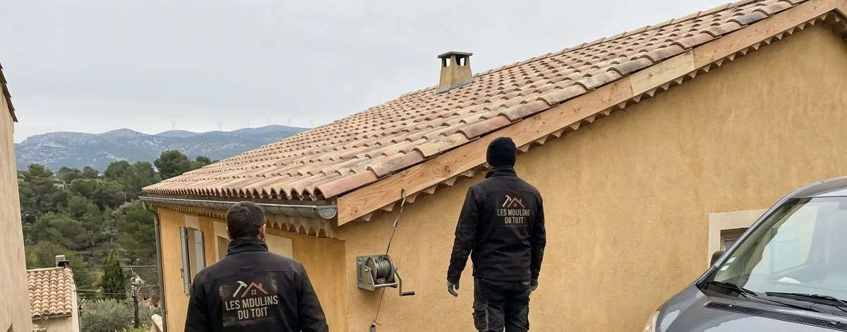 Toiture en tuiles canal d'une maison d'Allauch avec rive en bois neuve, pinède et massif du Garlaban en arrière-plan
